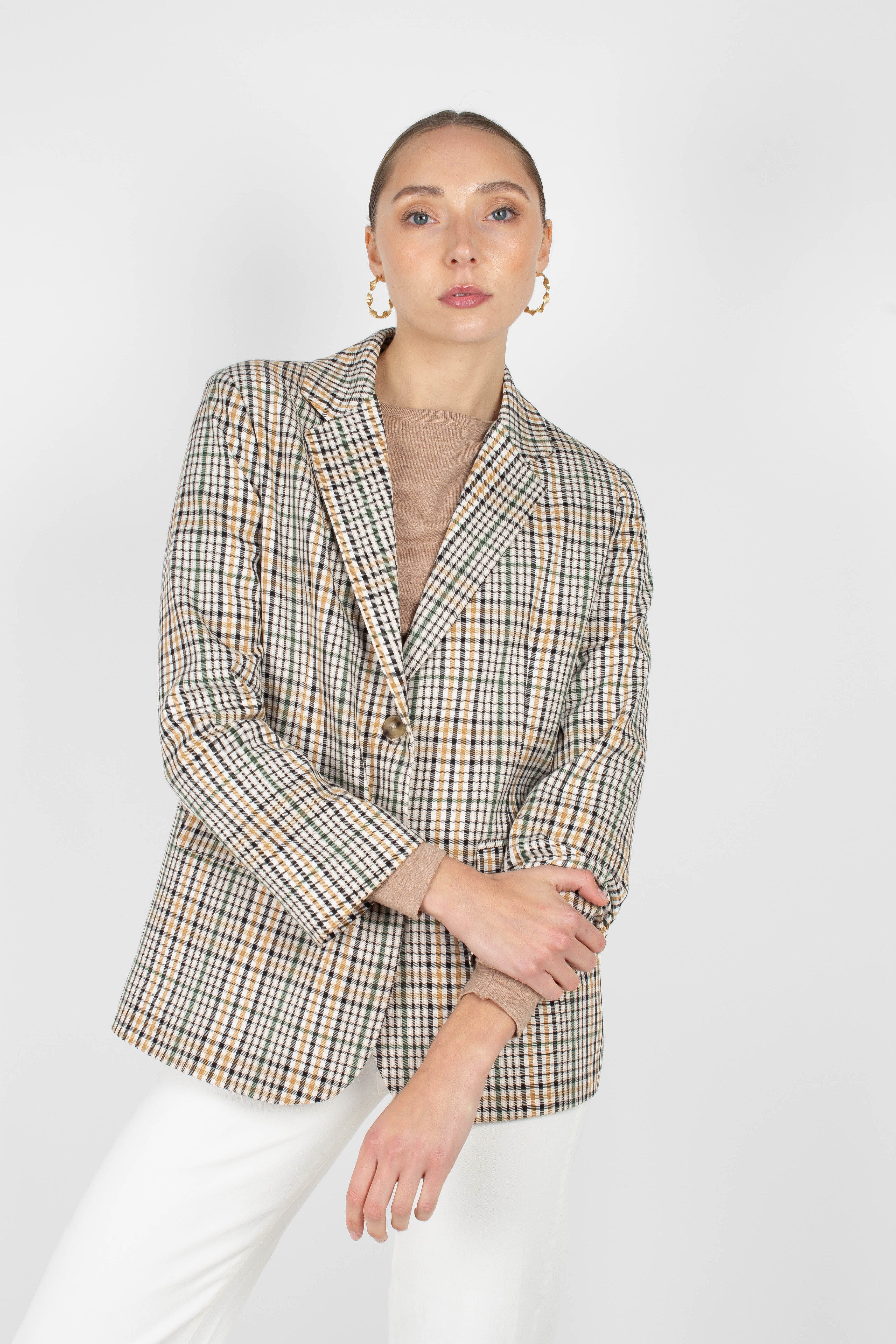 Green mustard and beige check blazer