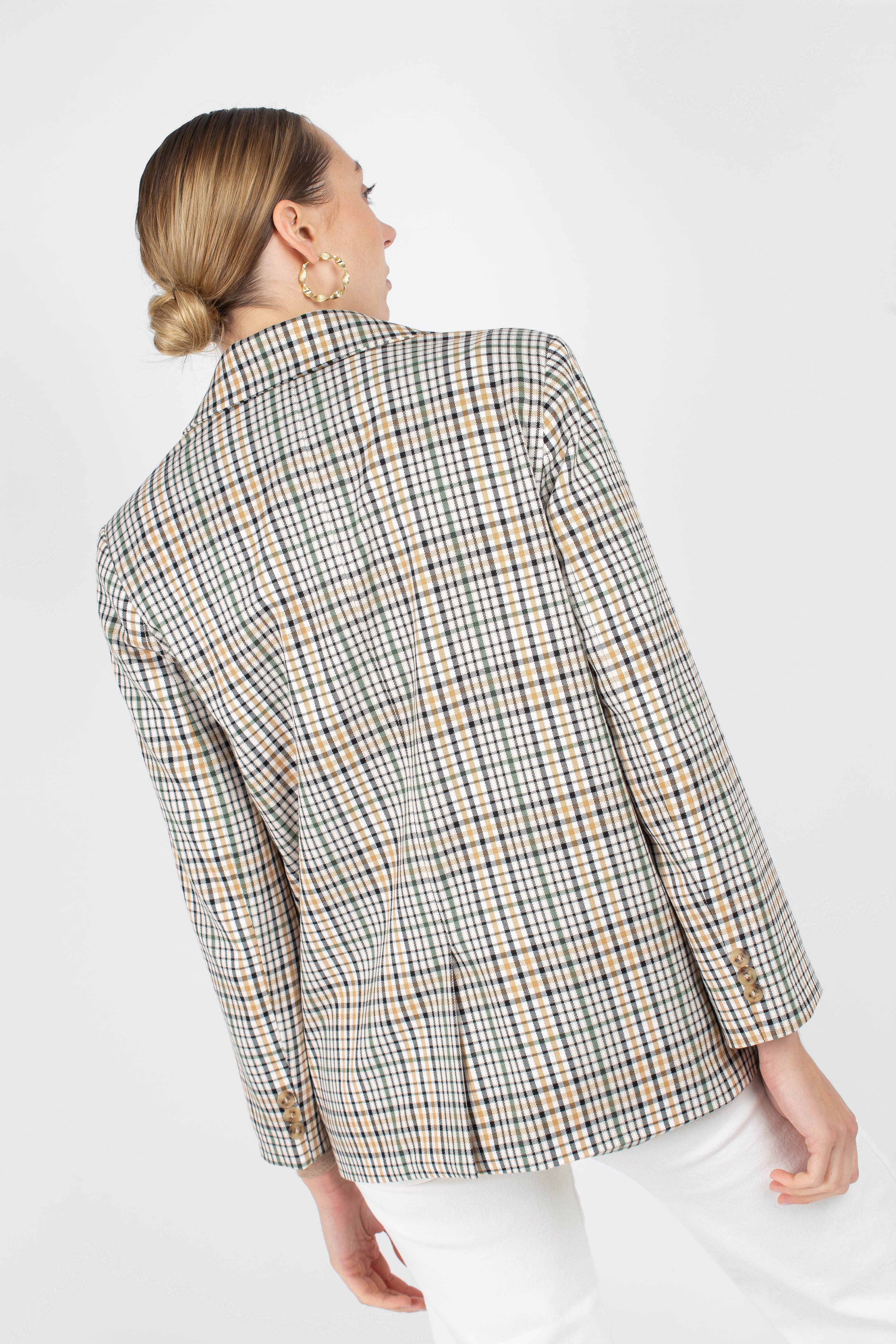 Green mustard and beige check blazer