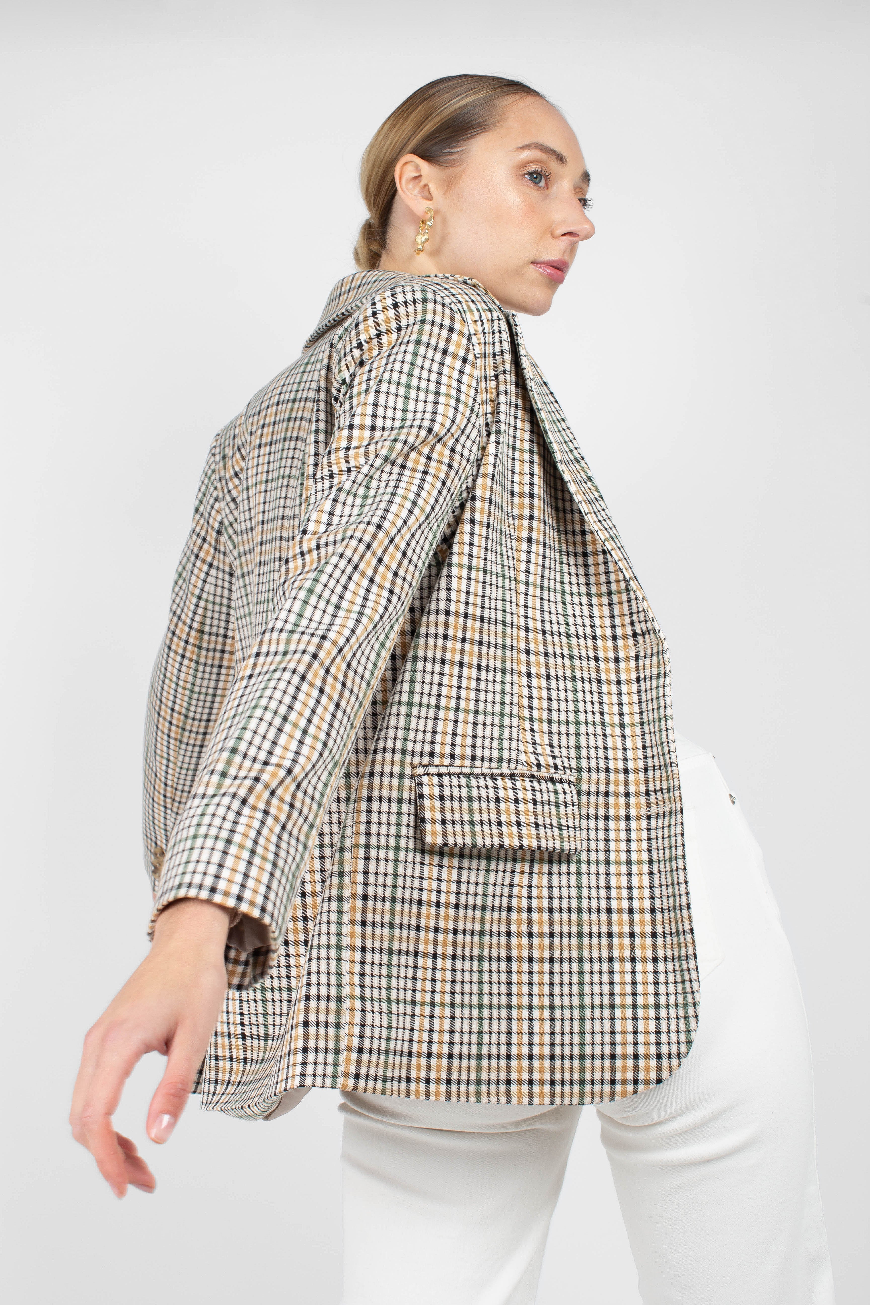 Green mustard and beige check blazer