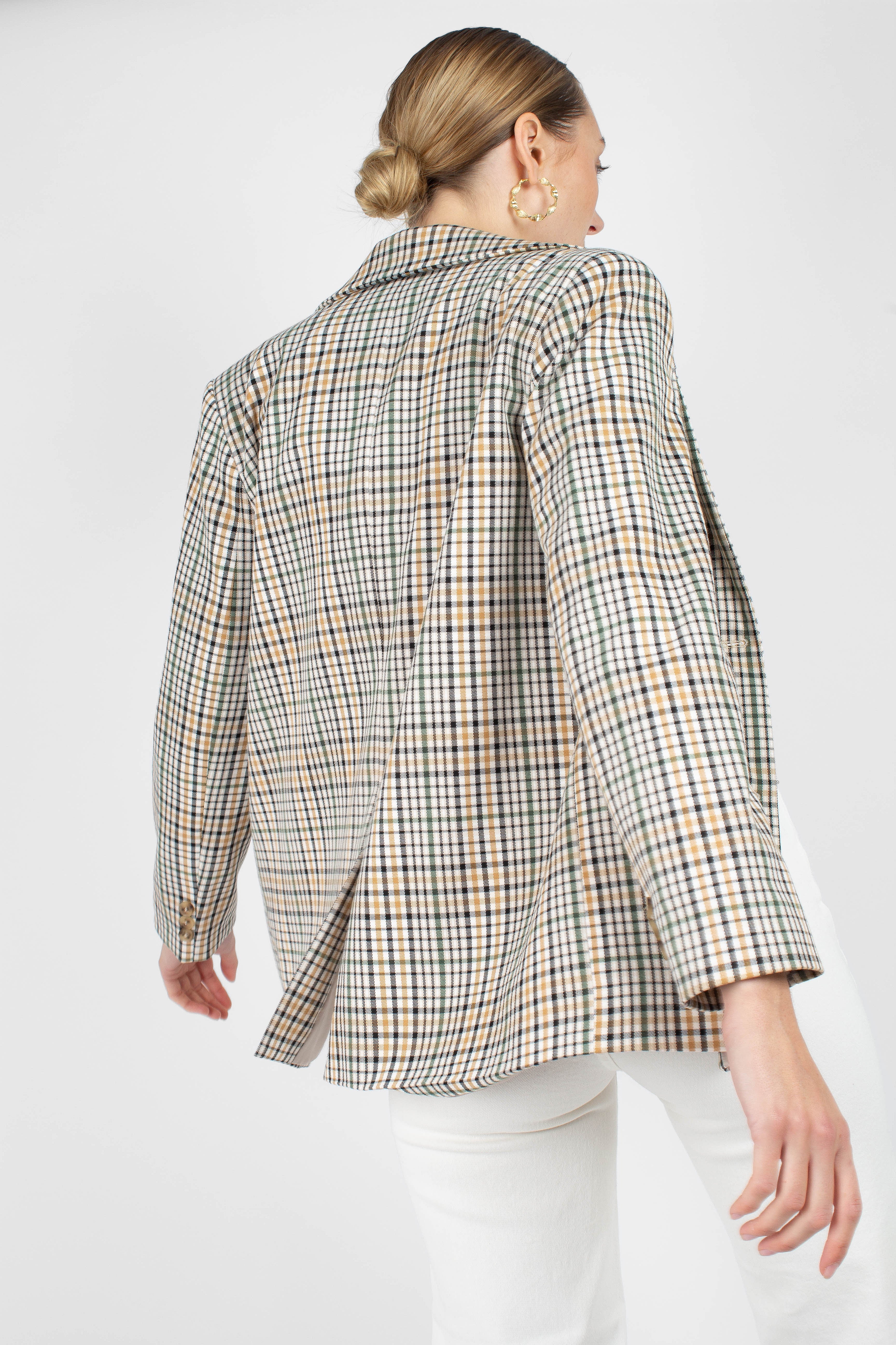 Green mustard and beige check blazer