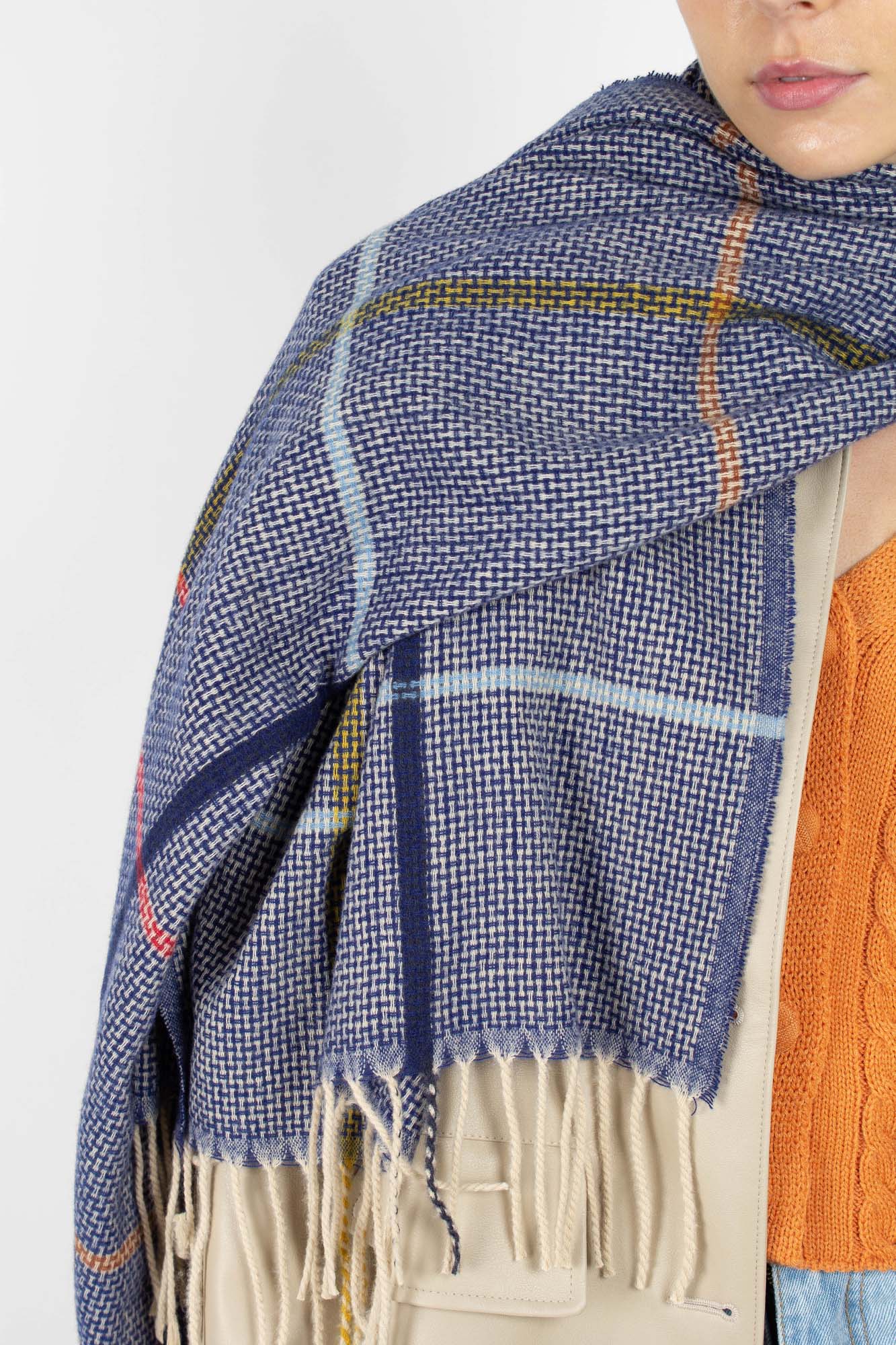Blue multicolor box check scarf
