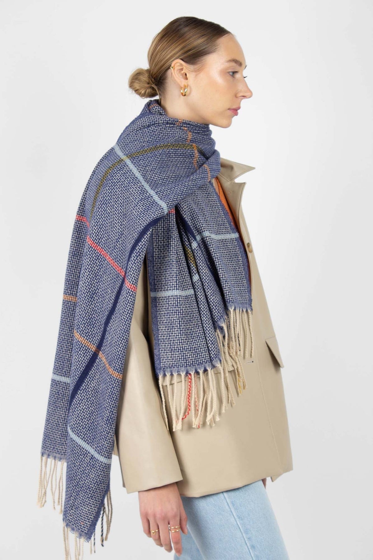 Blue multicolor box check scarf