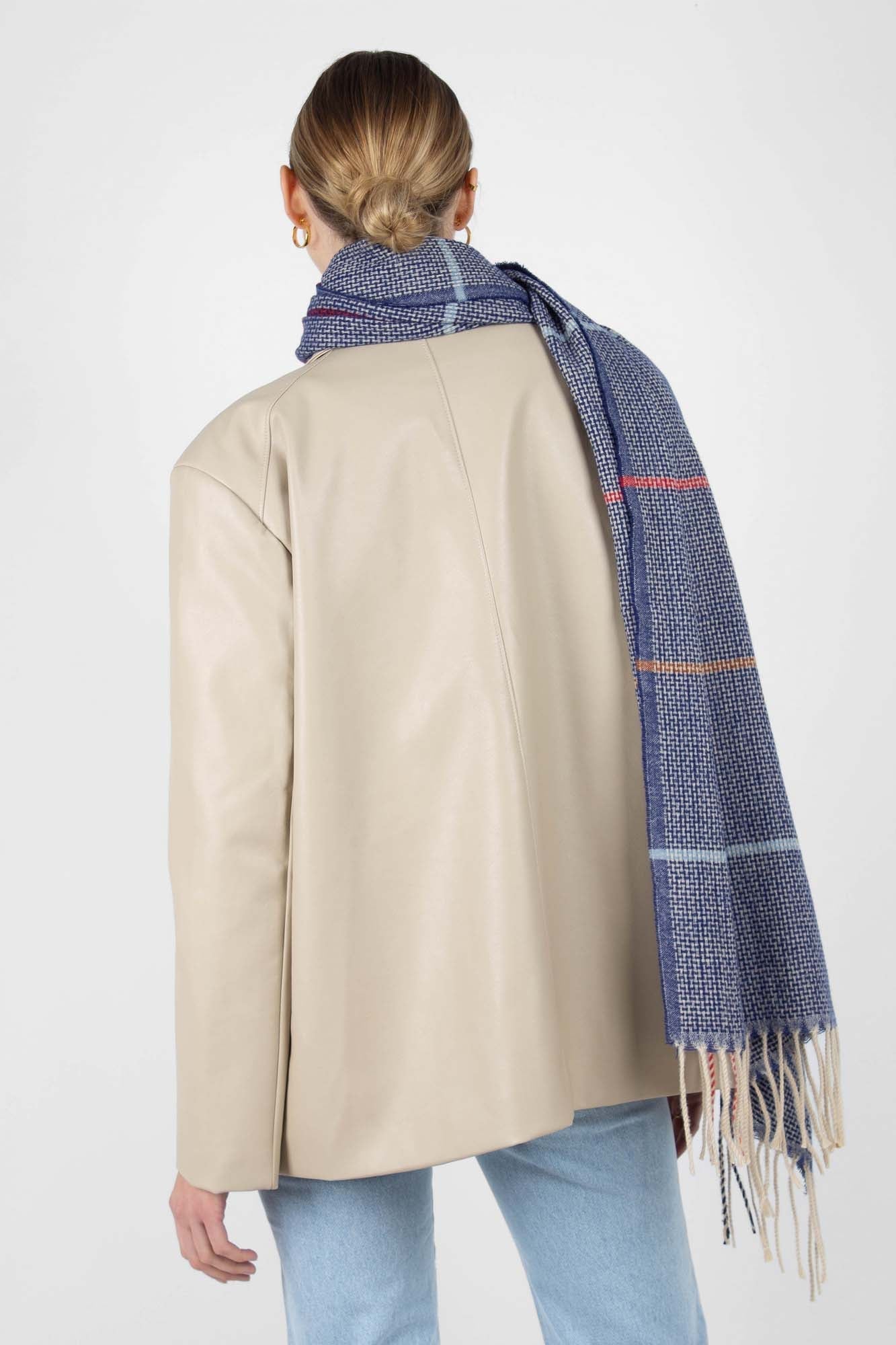 Blue multicolor box check scarf