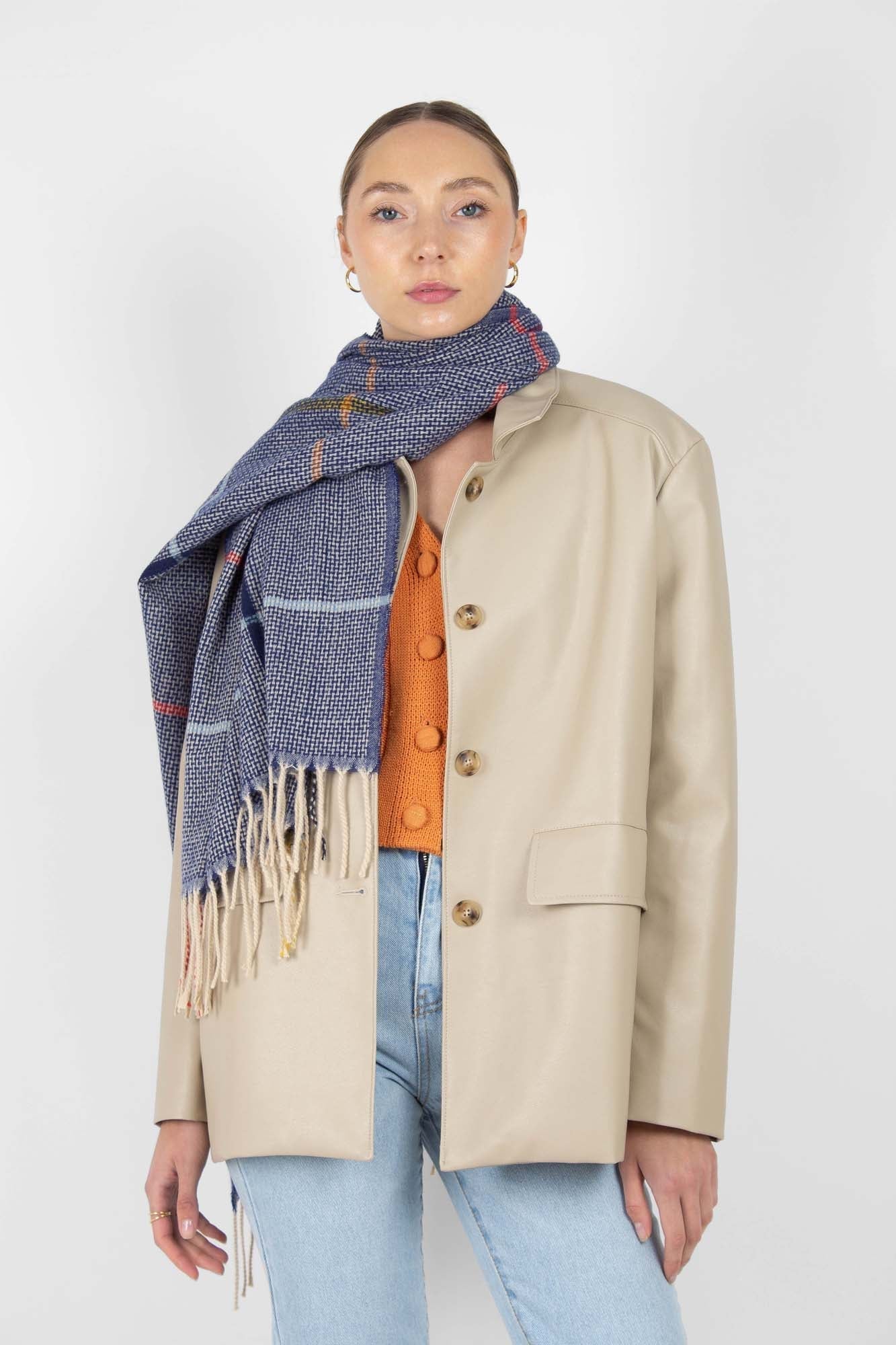 Blue multicolor box check scarf