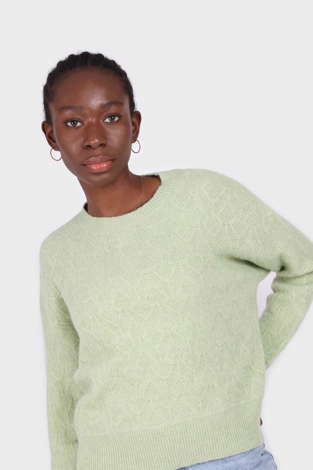 Mint green patterned brush crew neck jumper