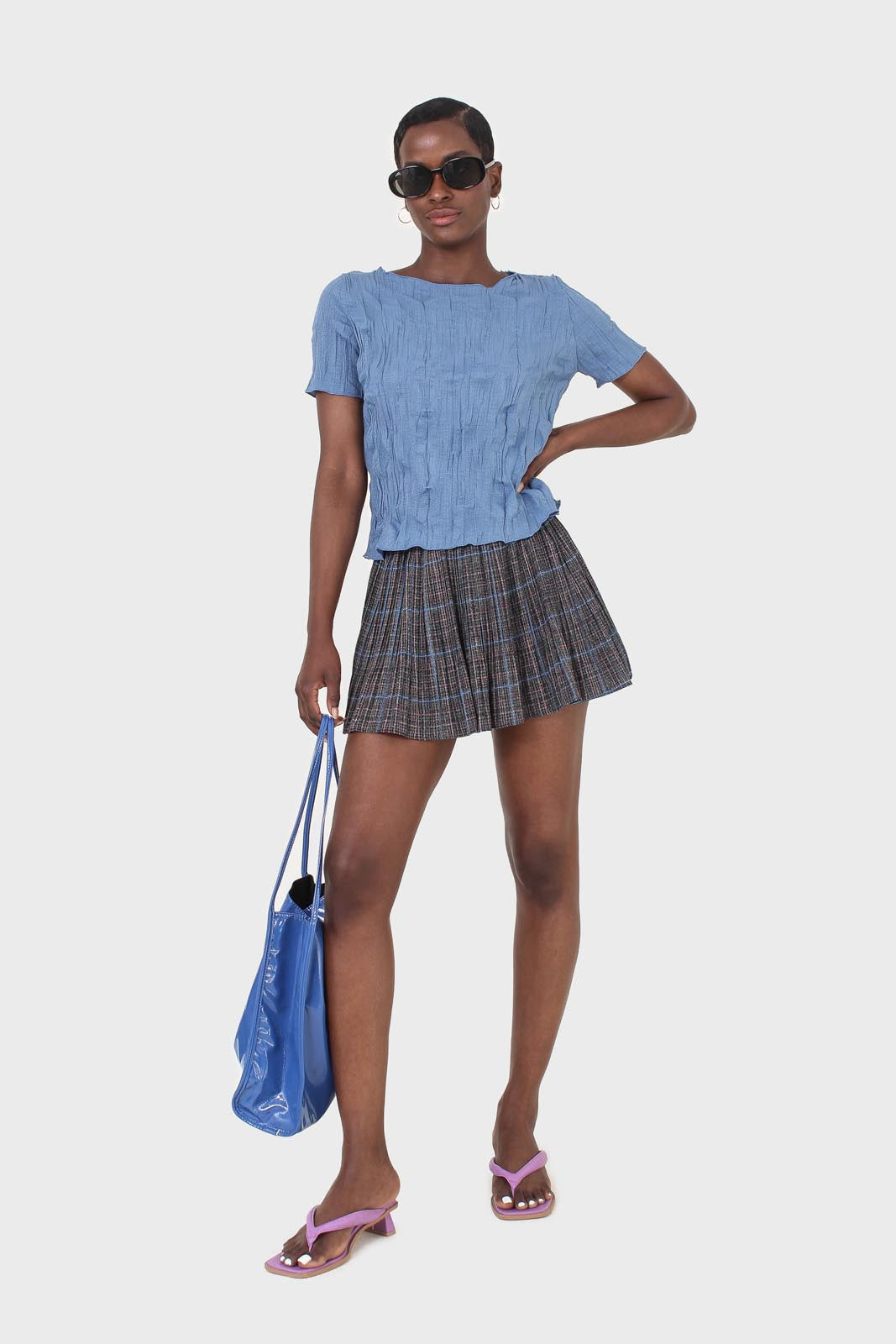 Blue checked flare pleated mini skirt