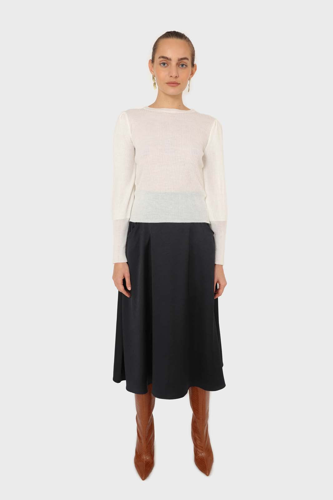 Navy silky flare front pocket midi skirt
