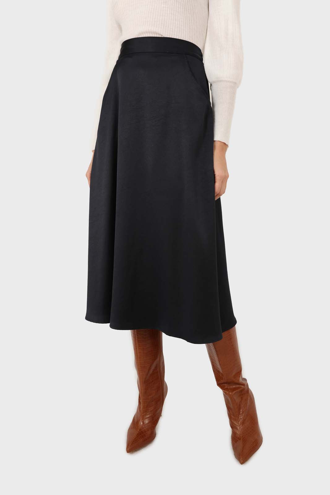 Navy silky flare front pocket midi skirt