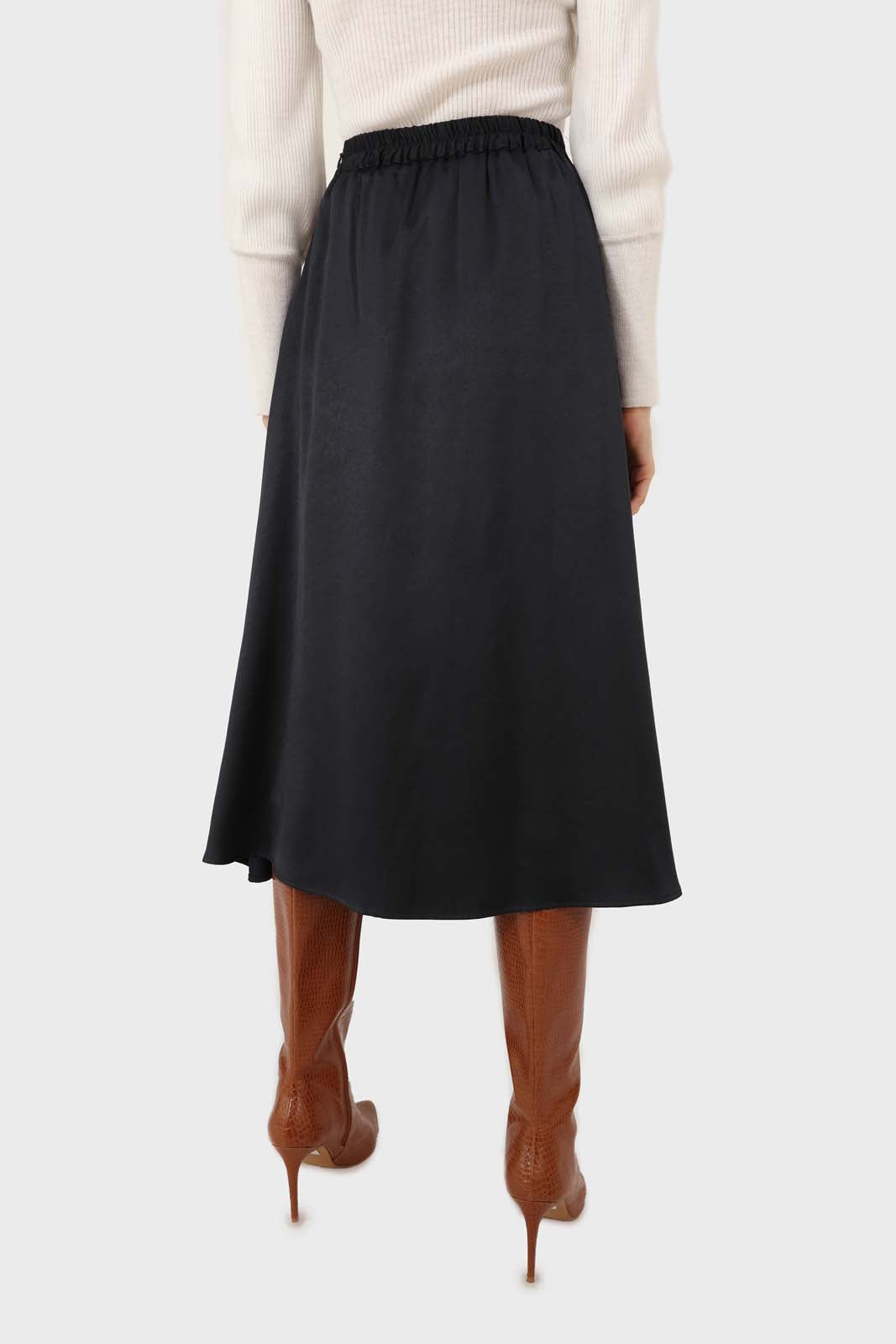 Navy silky flare front pocket midi skirt