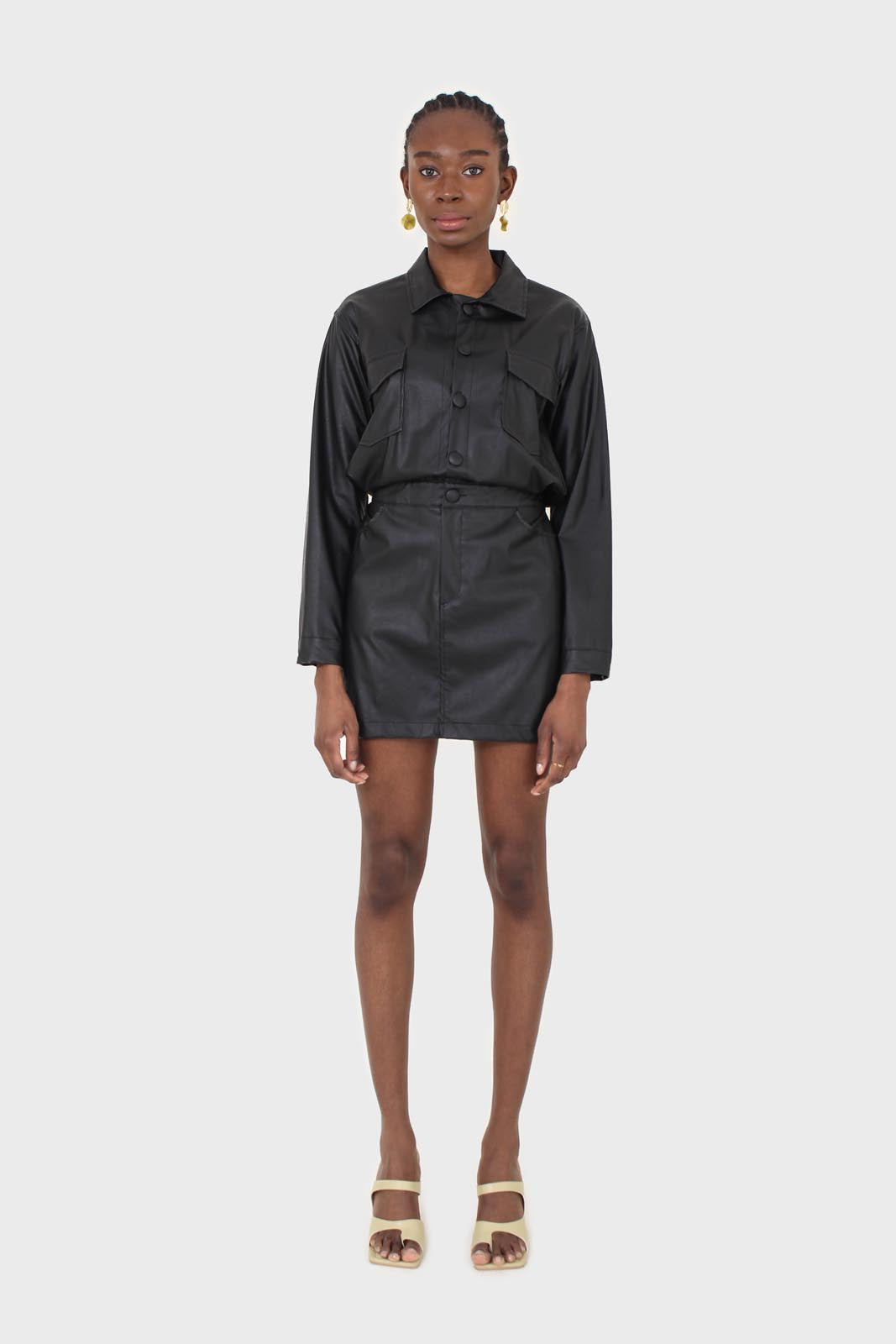 Black vegan leather skirt boiler suit