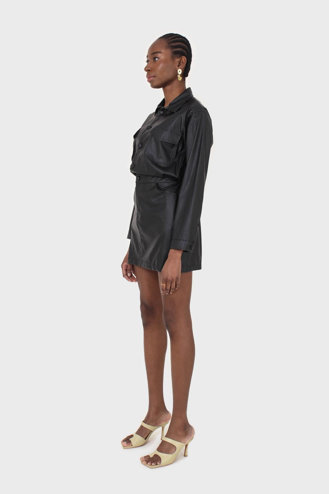 Black vegan leather skirt boiler suit