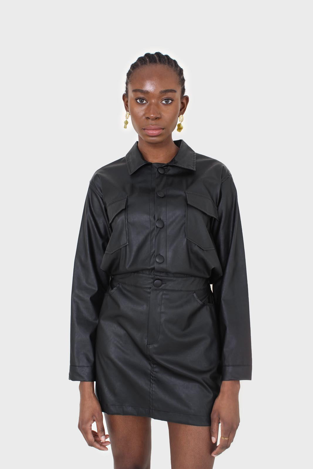 Black vegan leather skirt boiler suit