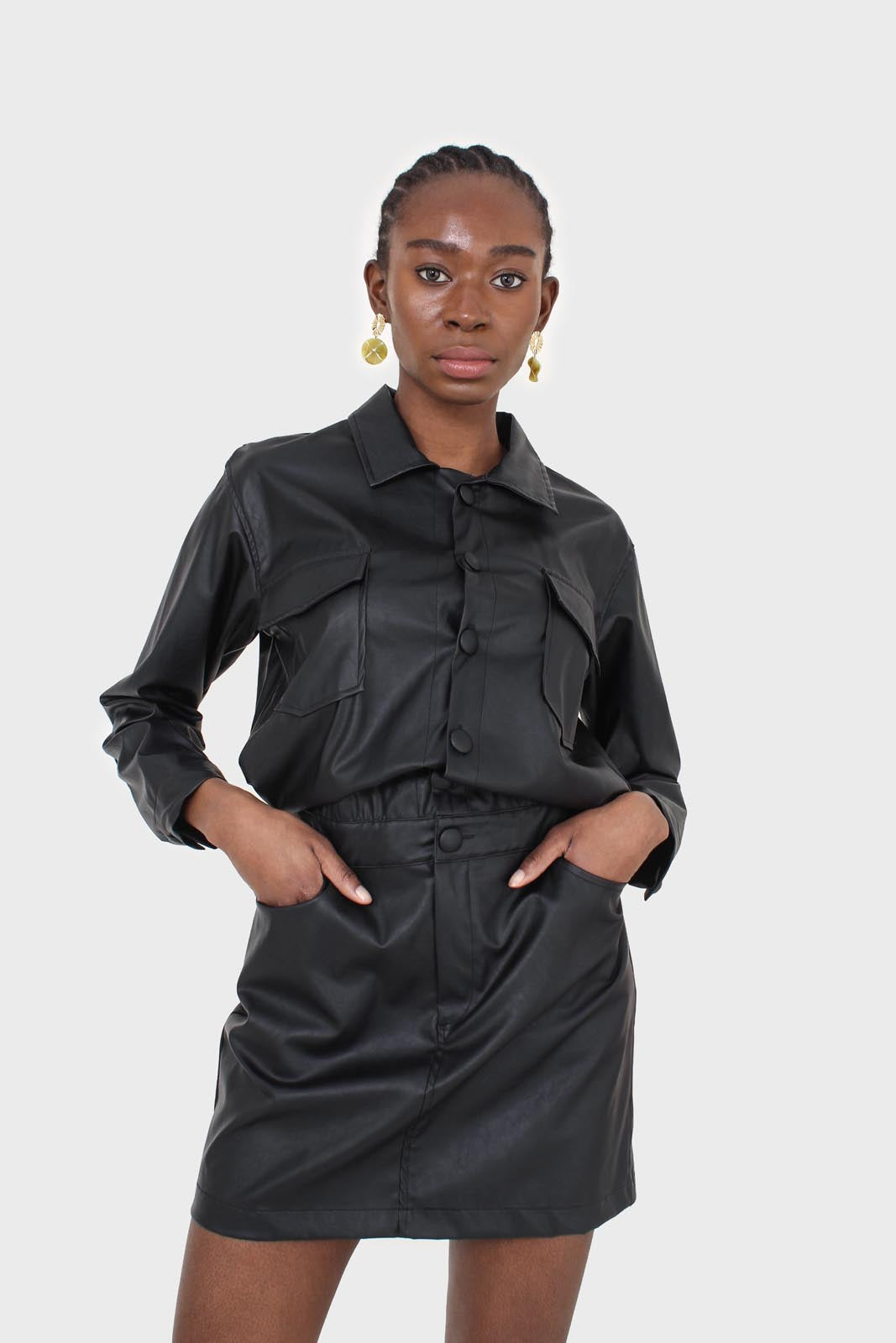 Black vegan leather skirt boiler suit