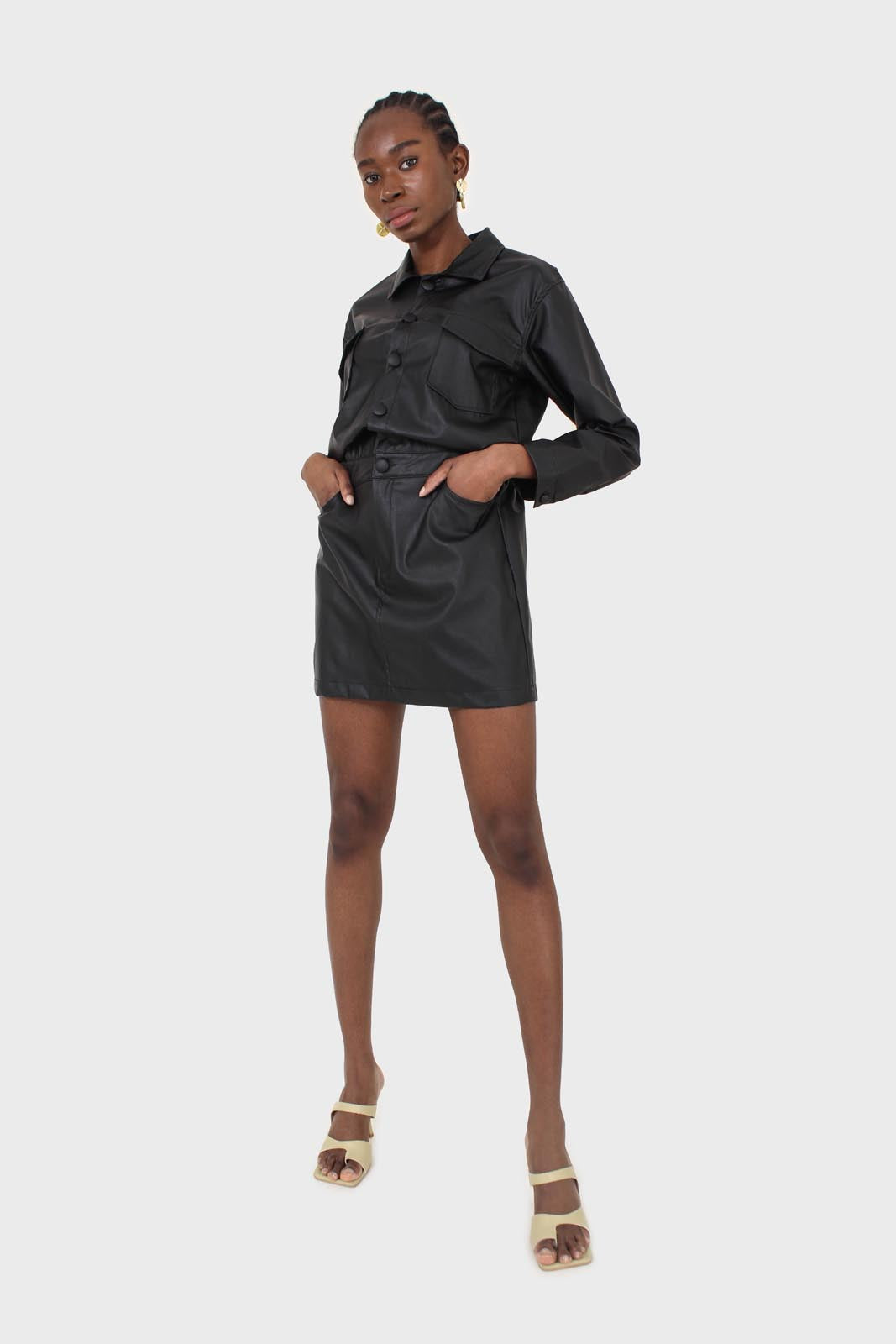 Black vegan leather skirt boiler suit