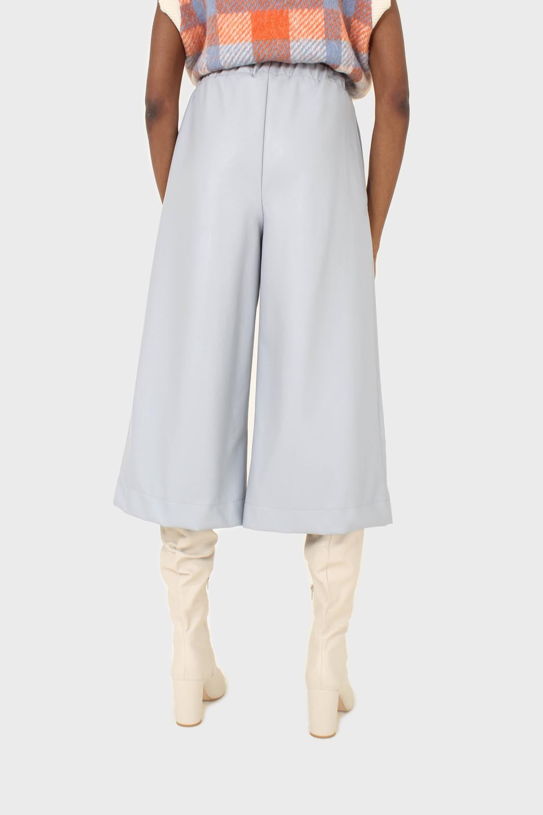 Light blue vegan leather wide leg short trousers