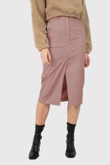 Red and beige check front split midi skirt