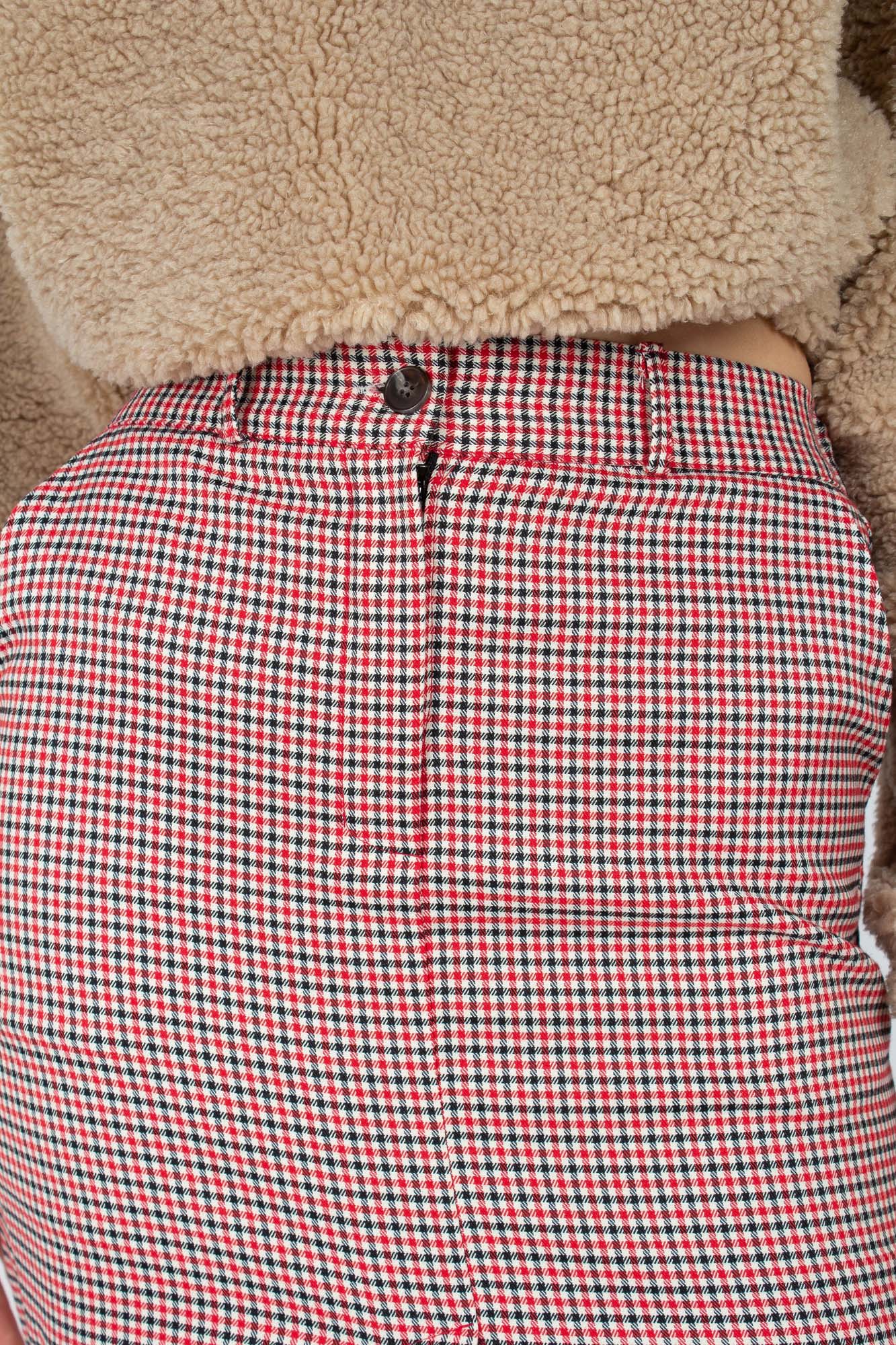 Red and beige check front split midi skirt