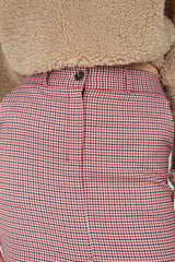 Red and beige check front split midi skirt