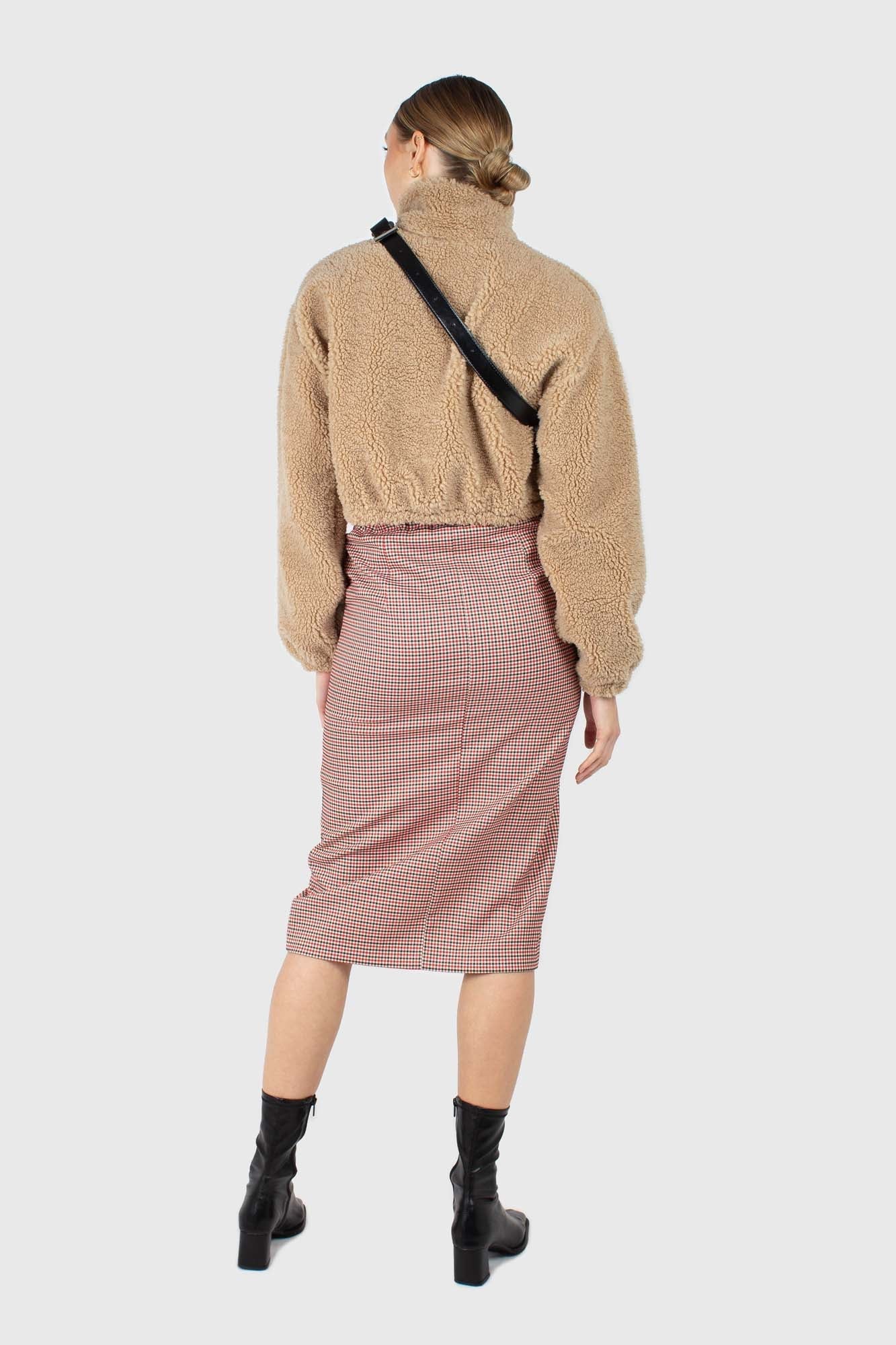 Red and beige check front split midi skirt