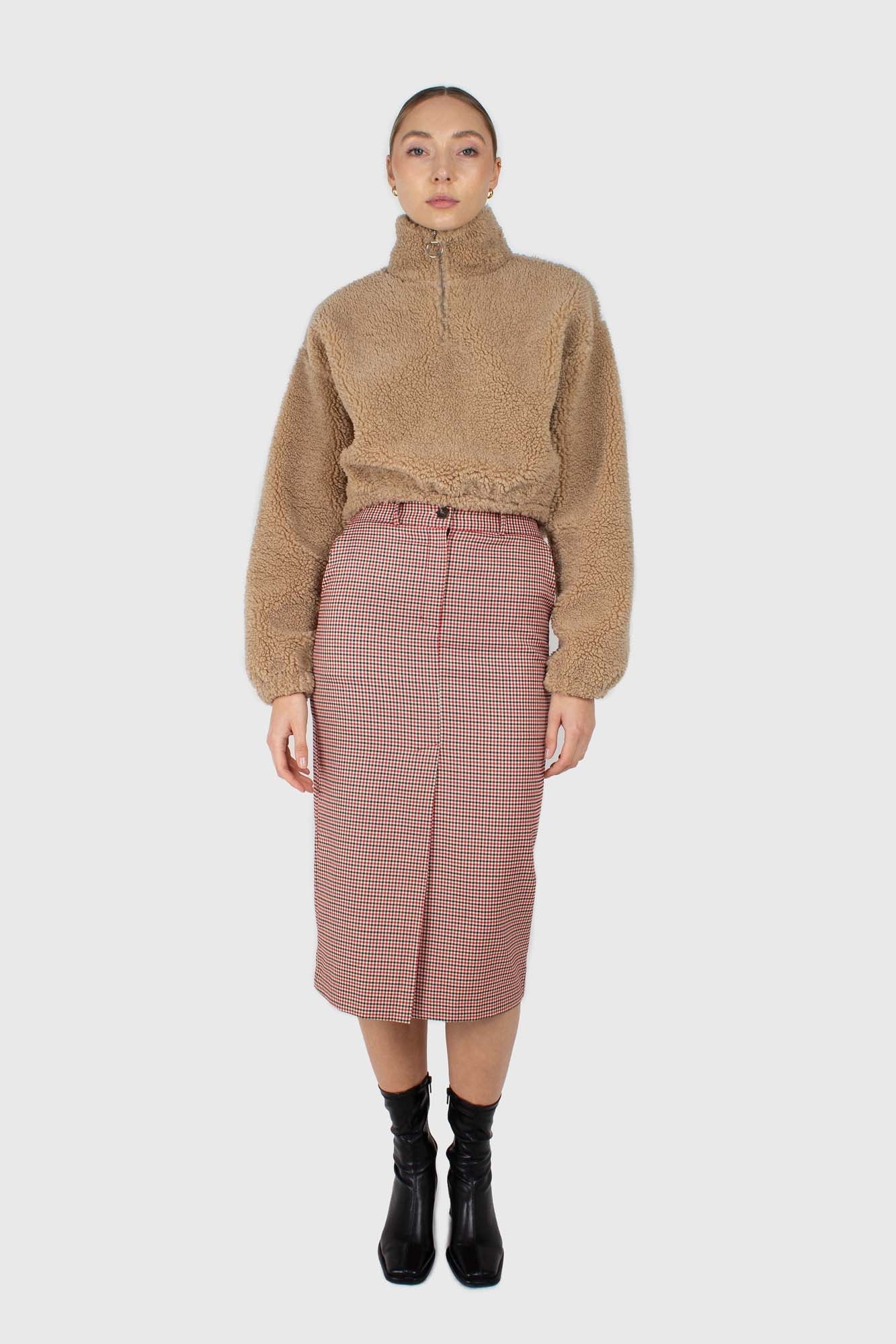 Red and beige check front split midi skirt