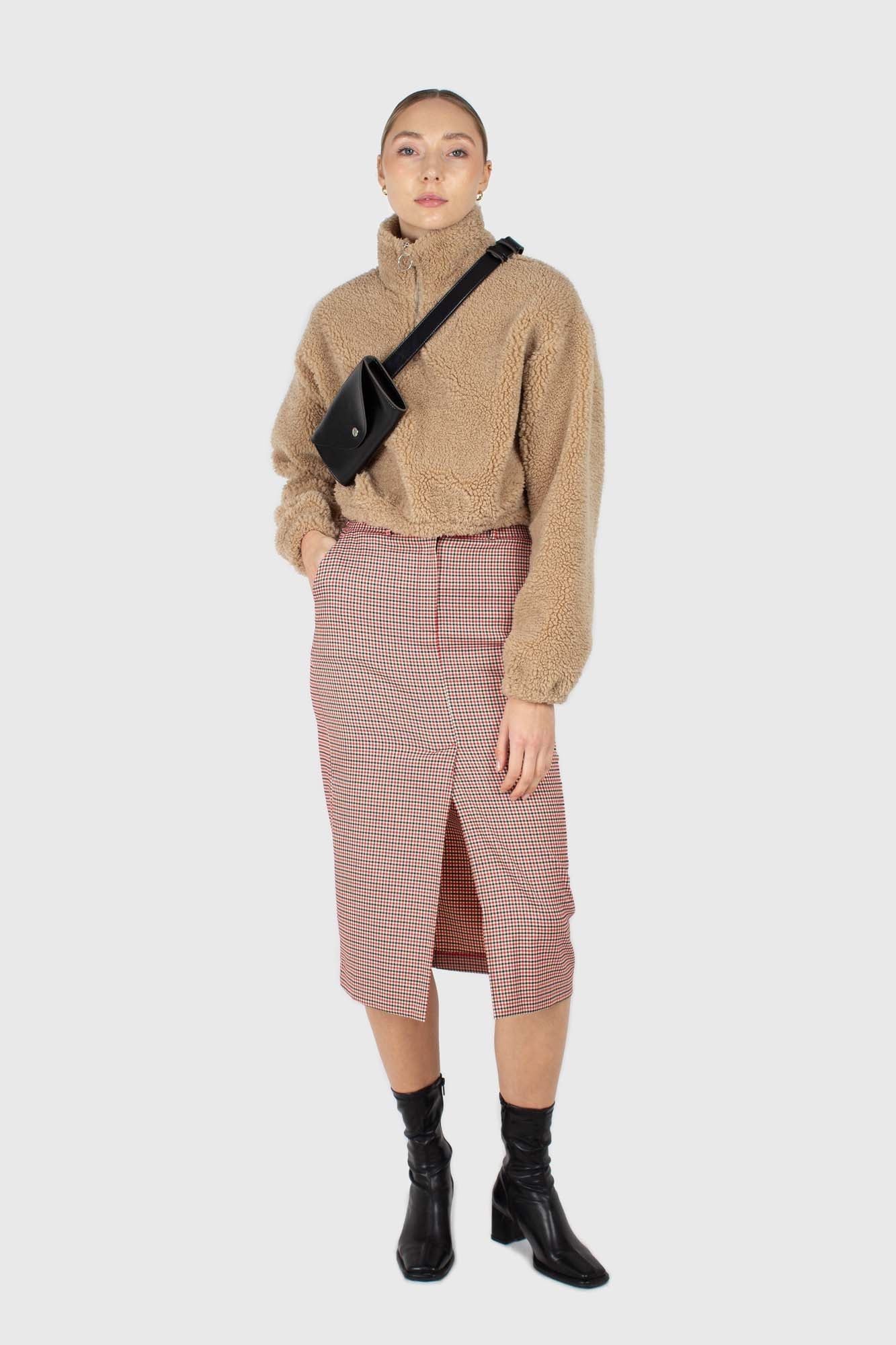 Red and beige check front split midi skirt