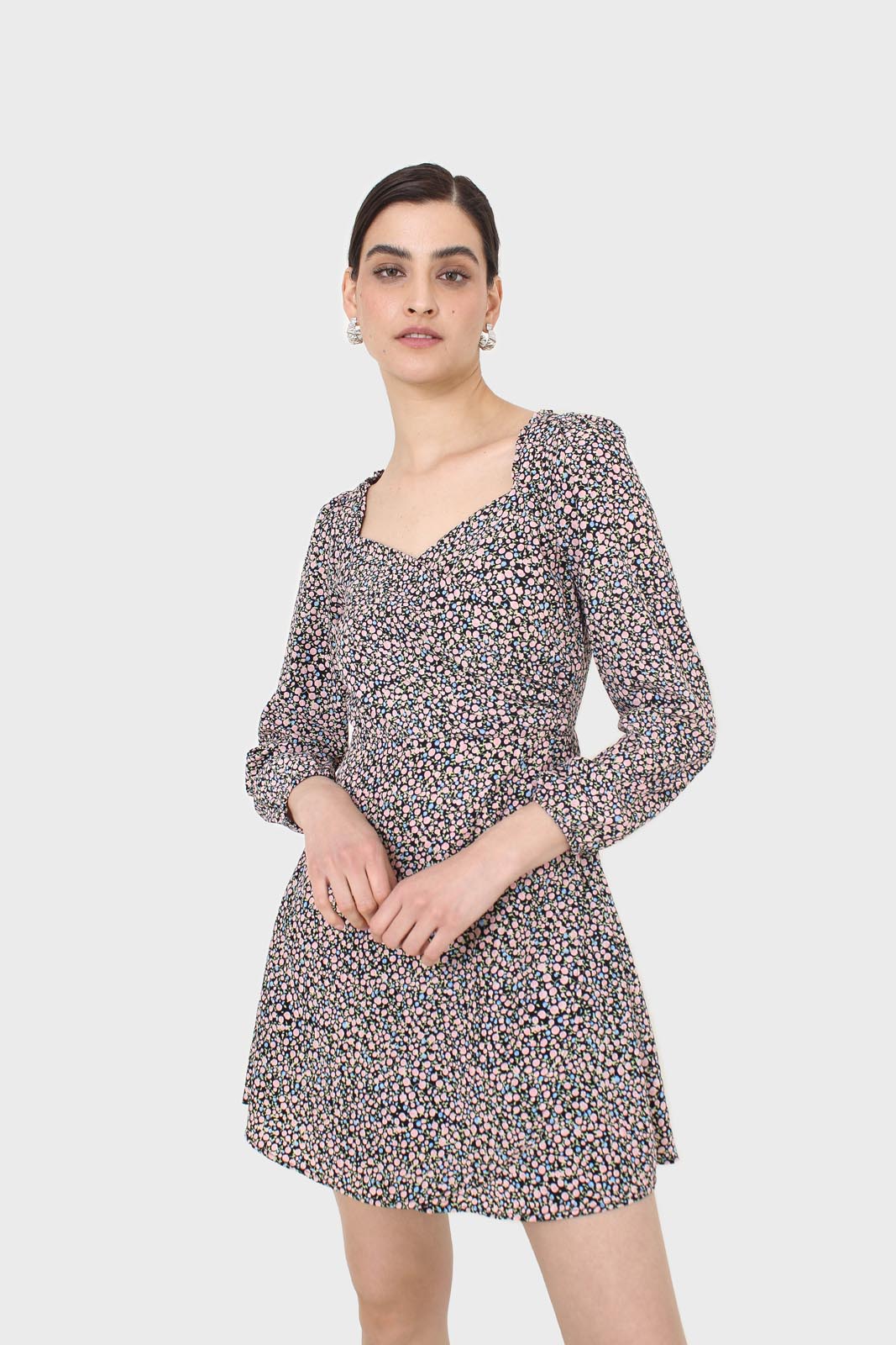 Black pink and blue floral wrap midi dress