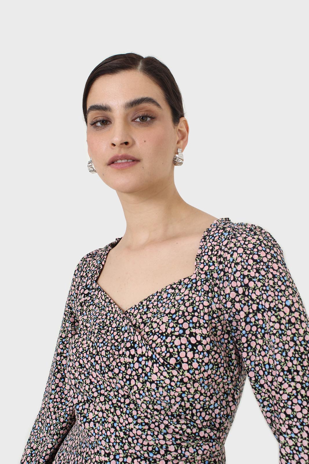 Black pink and blue floral wrap midi dress