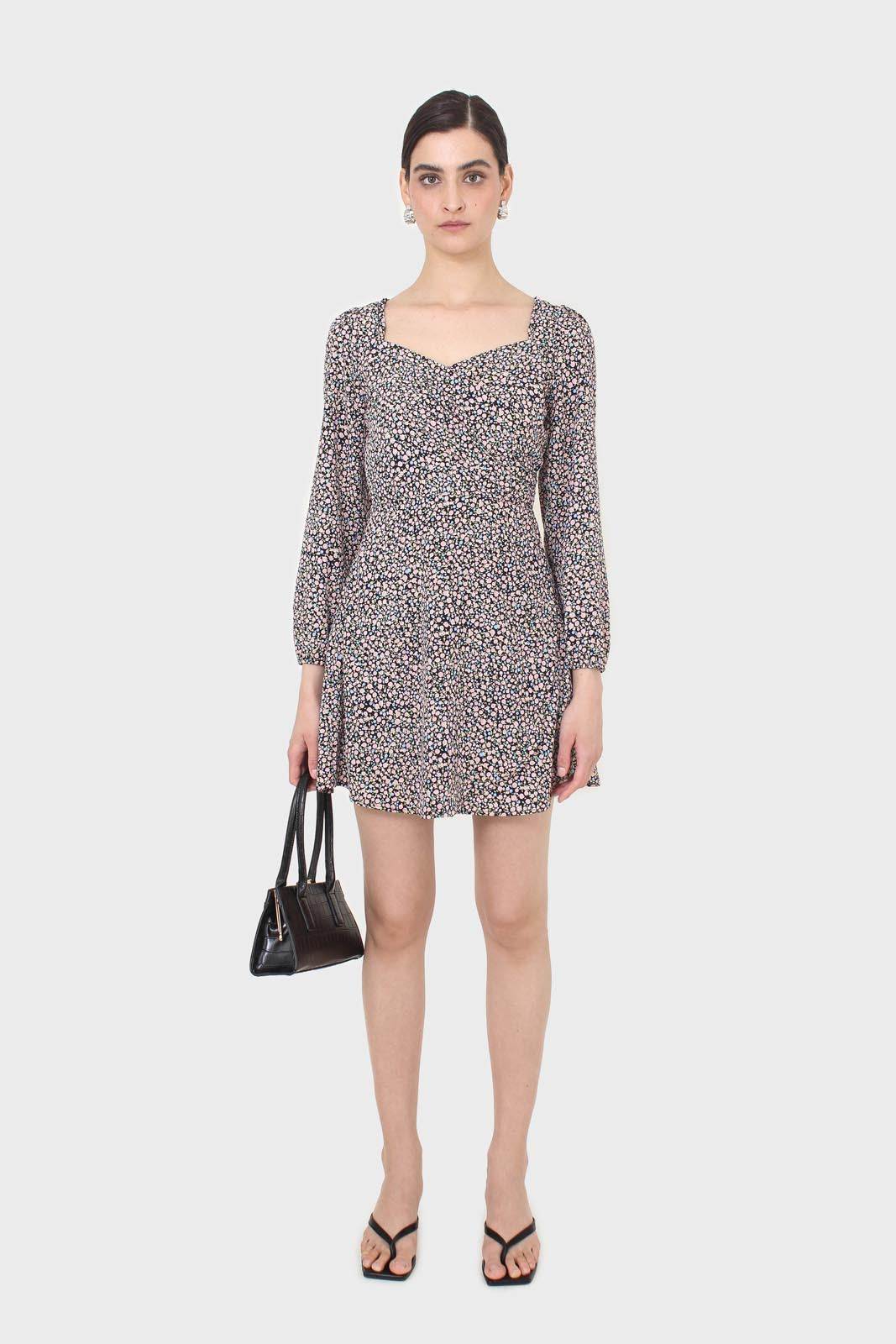 Black pink and blue floral wrap midi dress