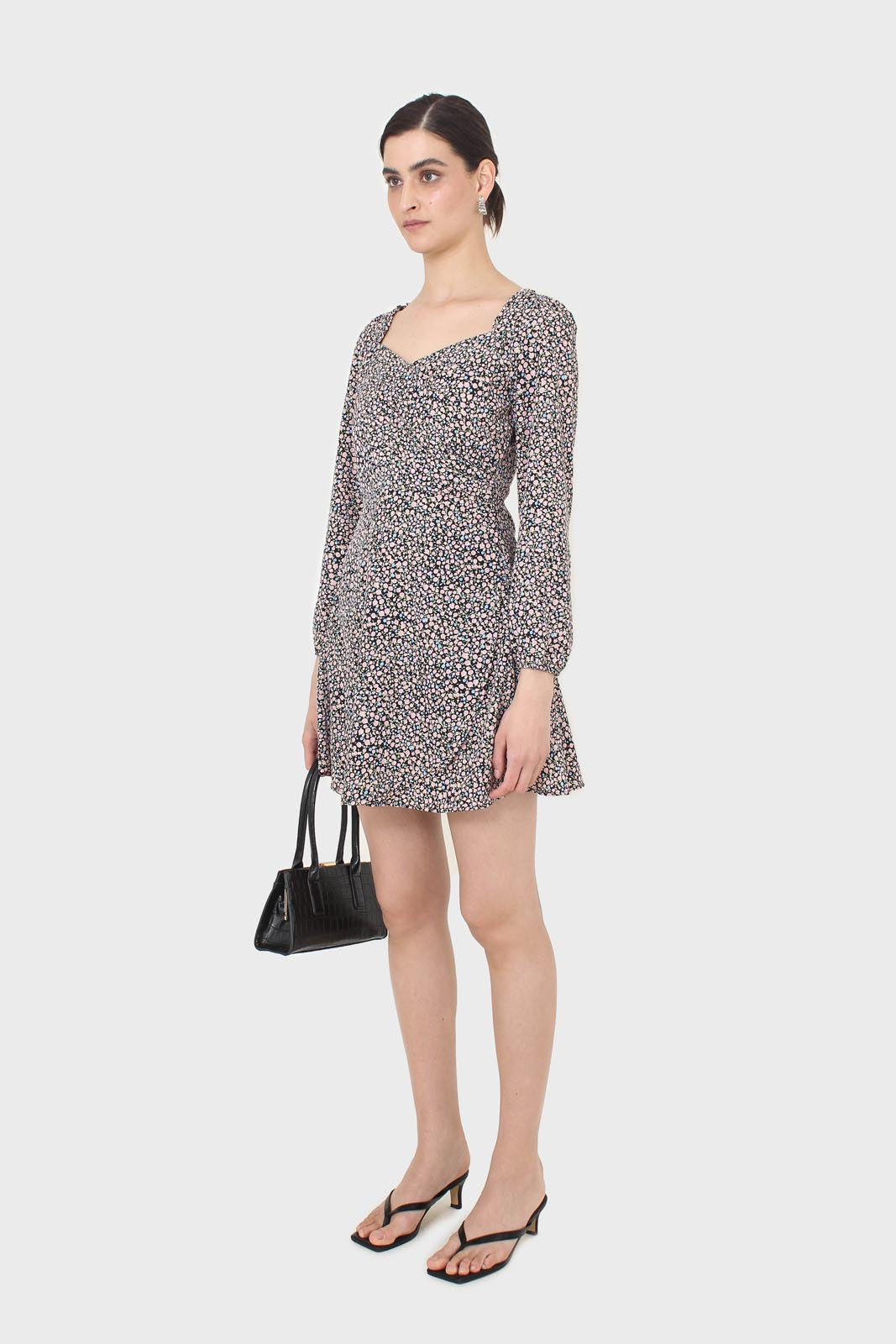 Black pink and blue floral wrap midi dress