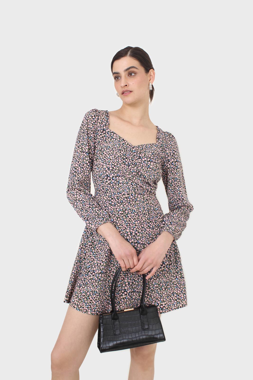 Black pink and blue floral wrap midi dress