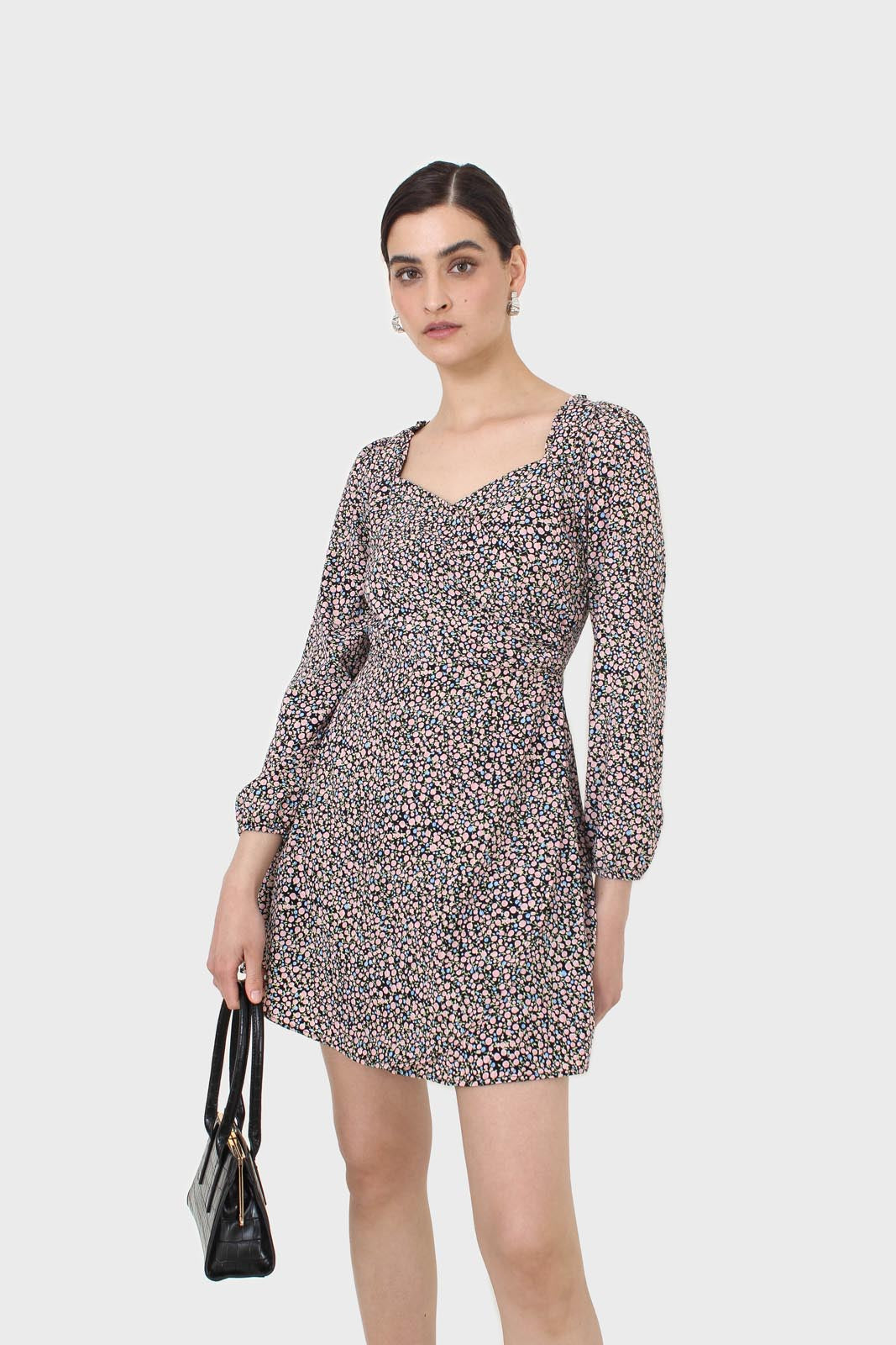 Black pink and blue floral wrap midi dress