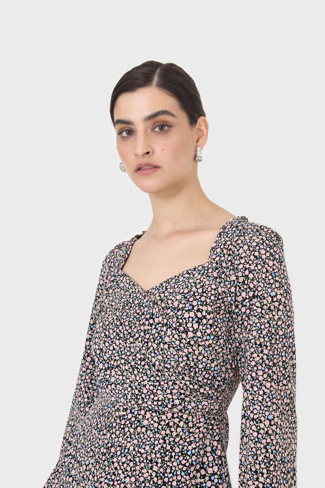 Black pink and blue floral wrap midi dress