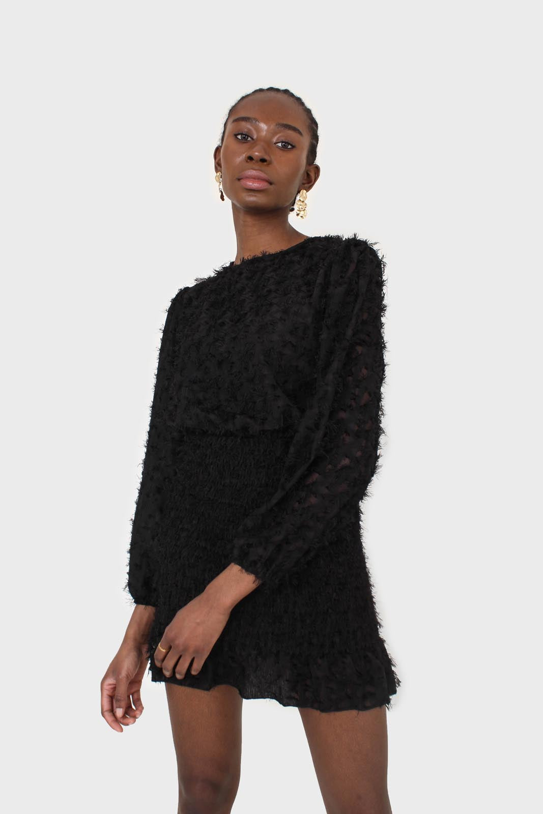 Black tufted sheer long sleeved ruched bottom dress