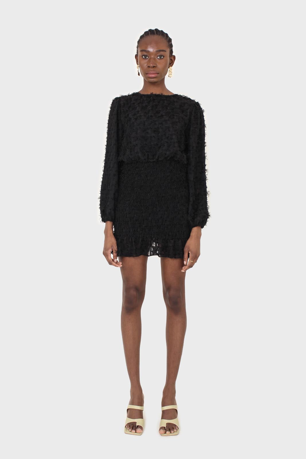 Black tufted sheer long sleeved ruched bottom dress