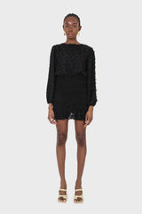 Black tufted sheer long sleeved ruched bottom dress