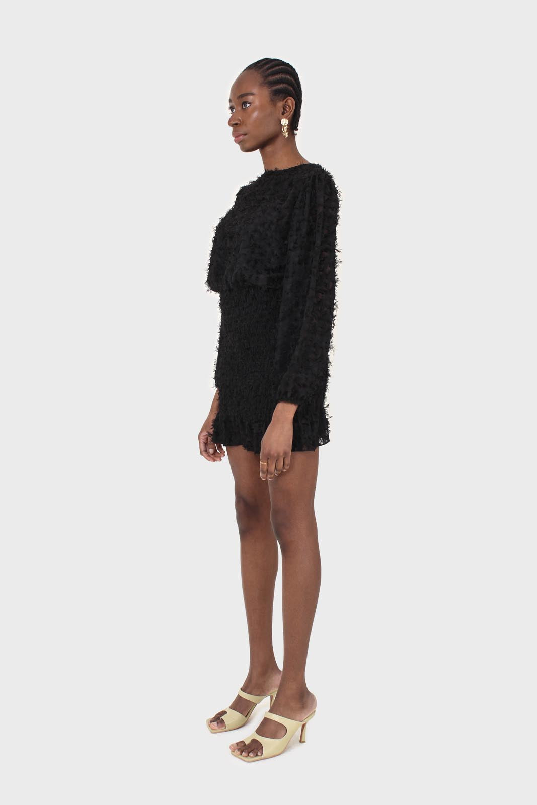 Black tufted sheer long sleeved ruched bottom dress