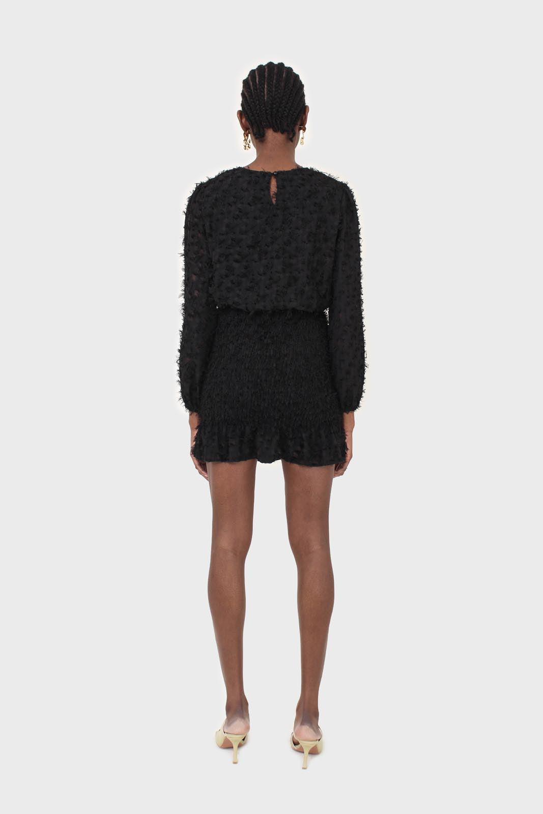 Black tufted sheer long sleeved ruched bottom dress