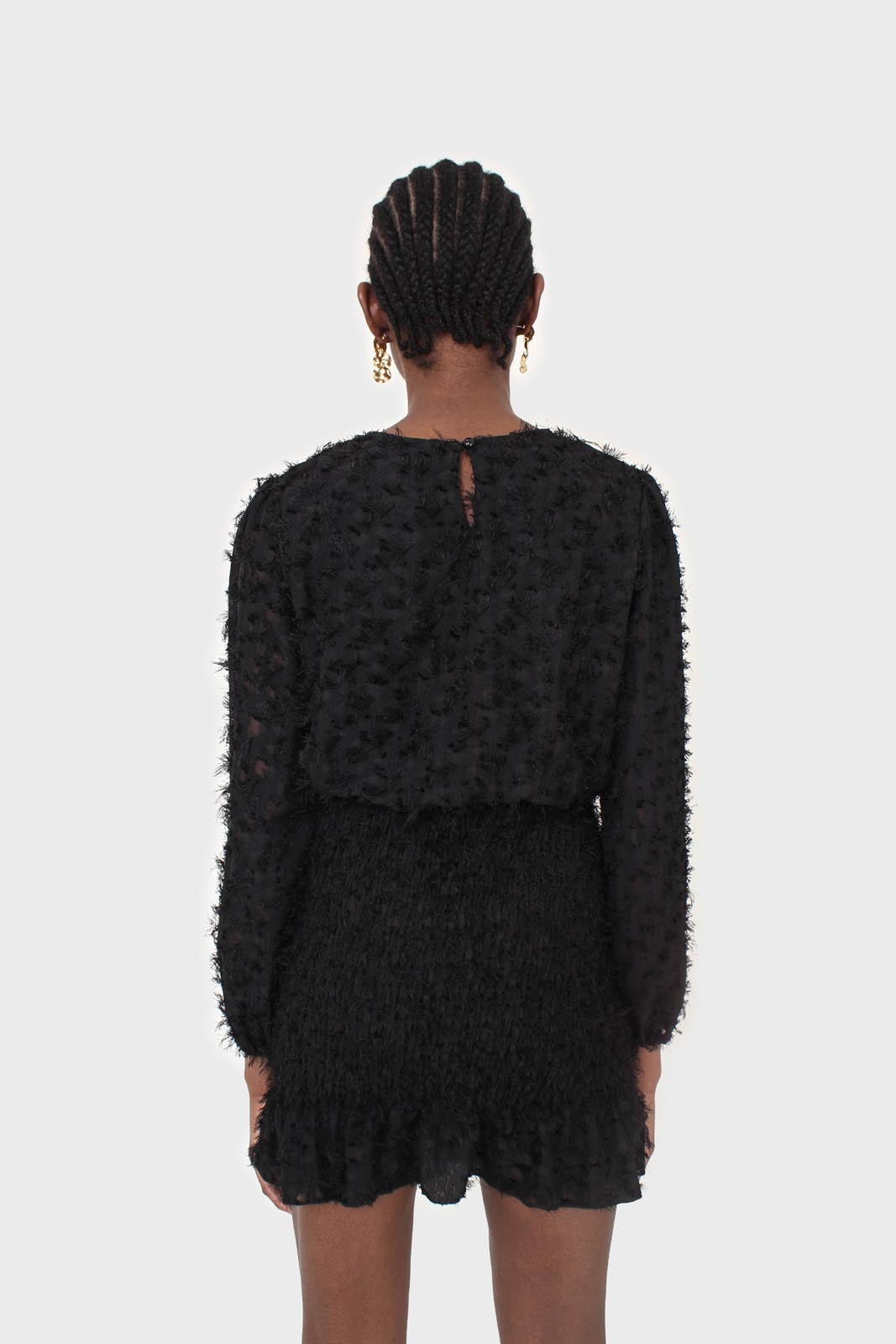 Black tufted sheer long sleeved ruched bottom dress