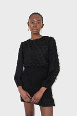 Black tufted sheer long sleeved ruched bottom dress