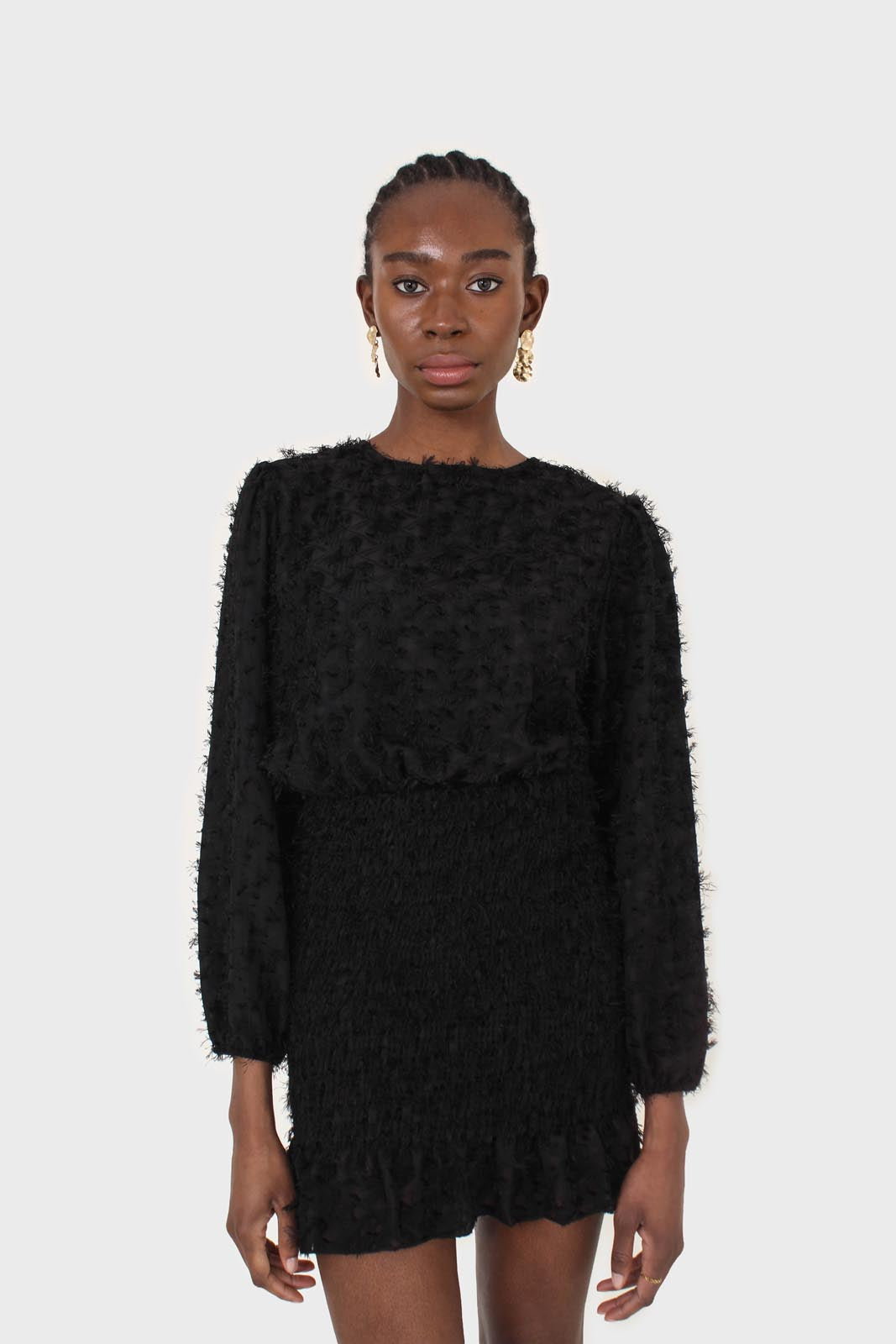 Black tufted sheer long sleeved ruched bottom dress