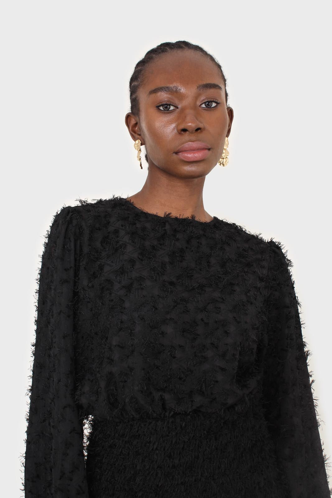 Black tufted sheer long sleeved ruched bottom dress