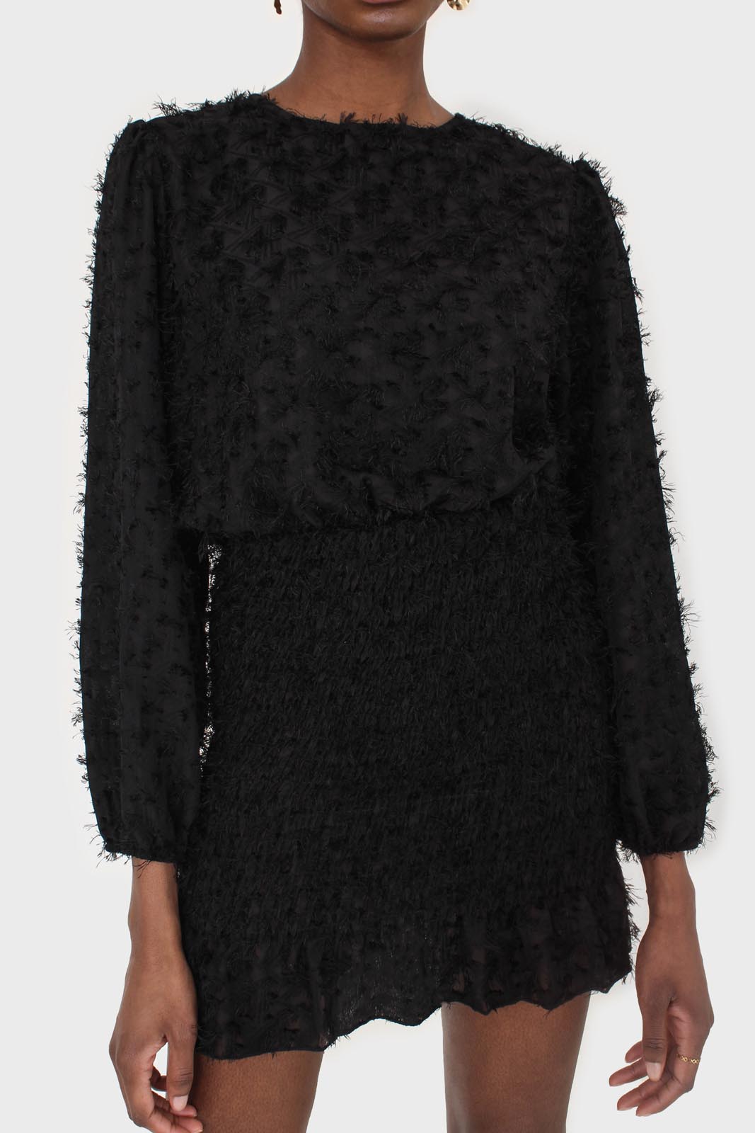 Black tufted sheer long sleeved ruched bottom dress