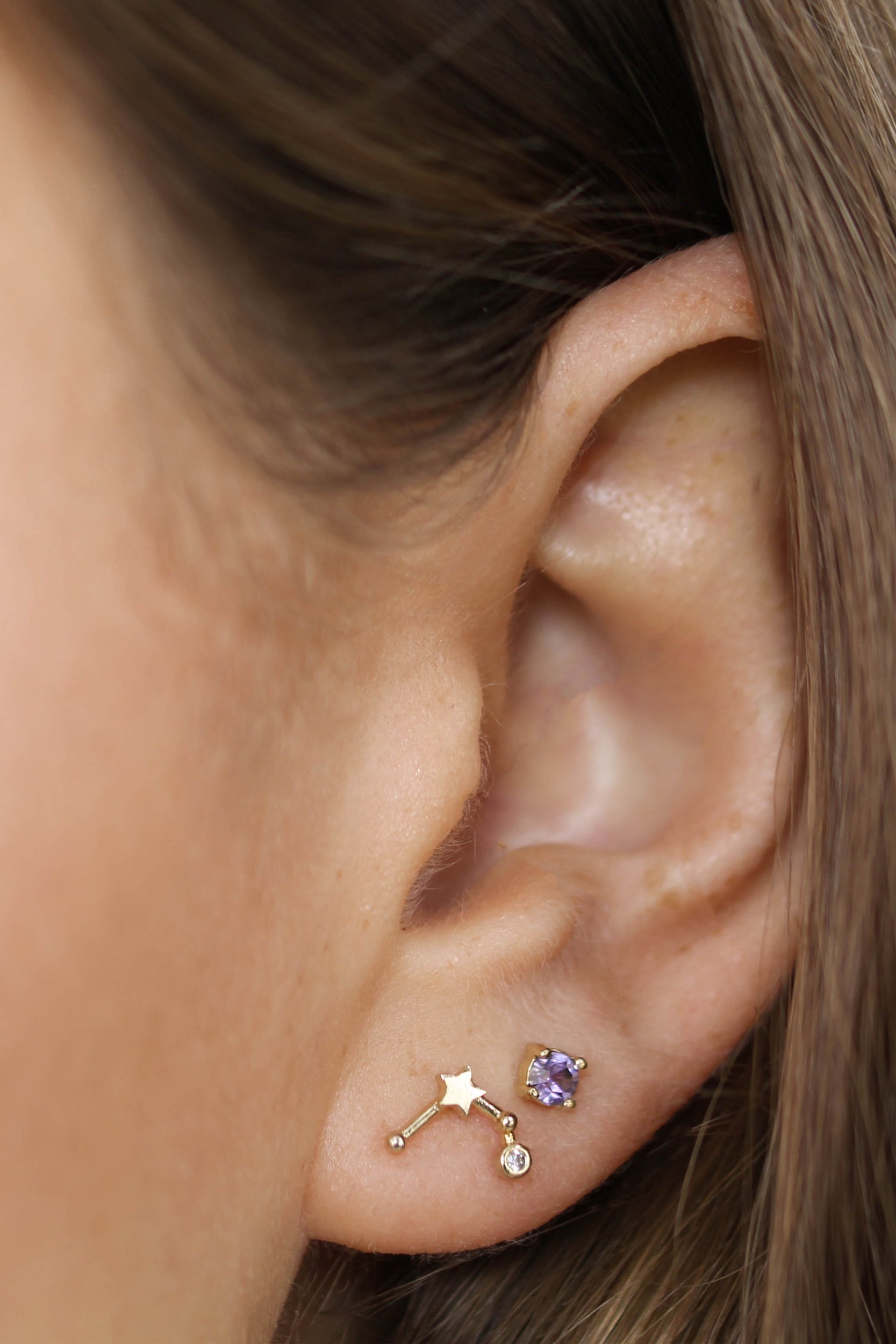 Gold birthstone zodiac earrings / Feb - Amethyst purple
