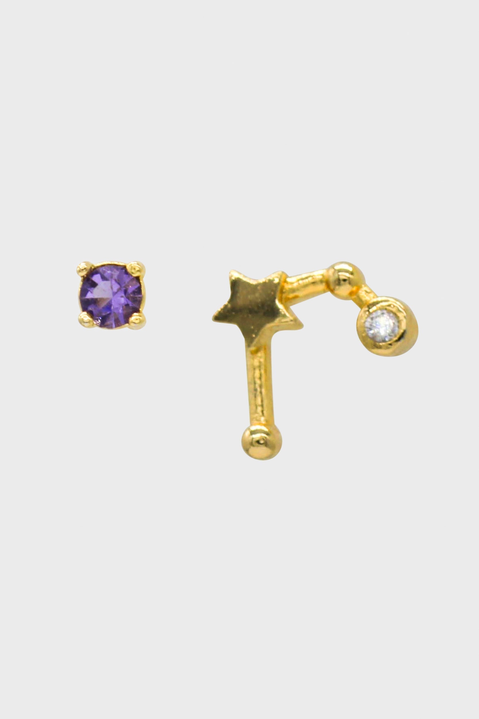Gold birthstone zodiac earrings / Feb - Amethyst purple