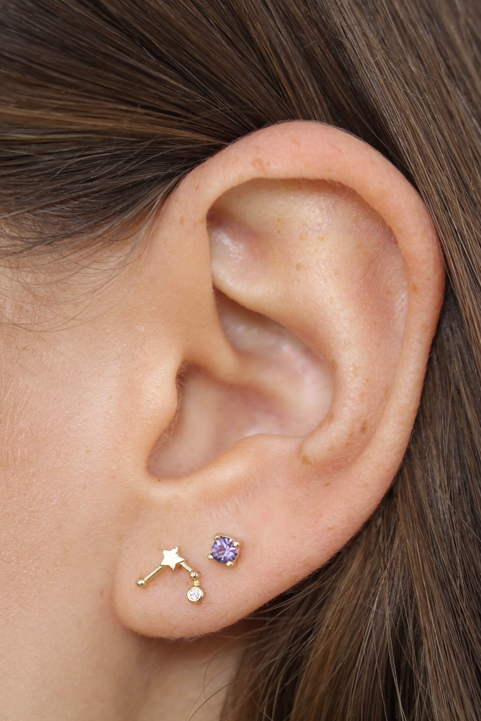 Gold birthstone zodiac earrings / Feb - Amethyst purple