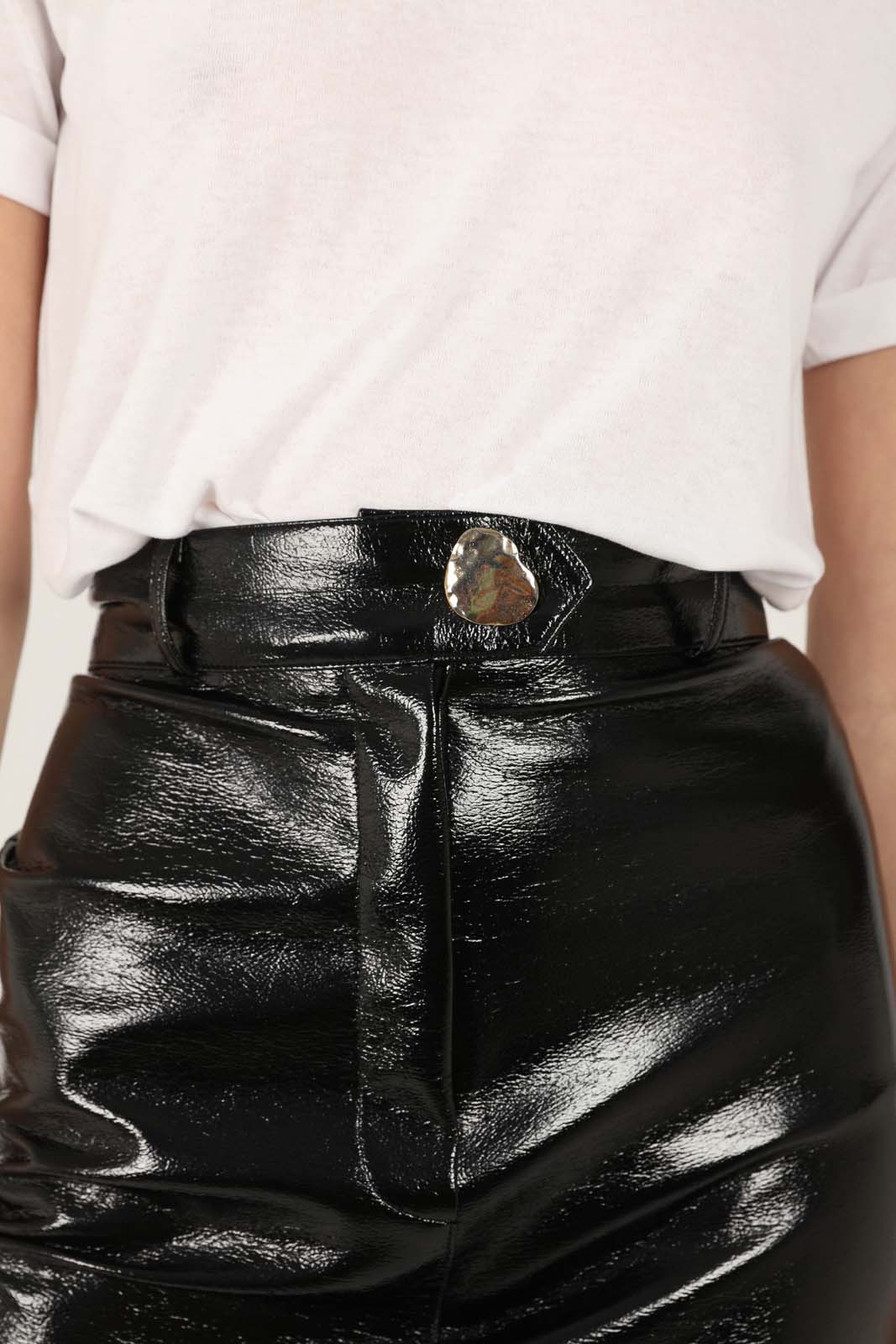Black PVC front slit gold button maxi skirt