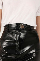 Black PVC front slit gold button maxi skirt