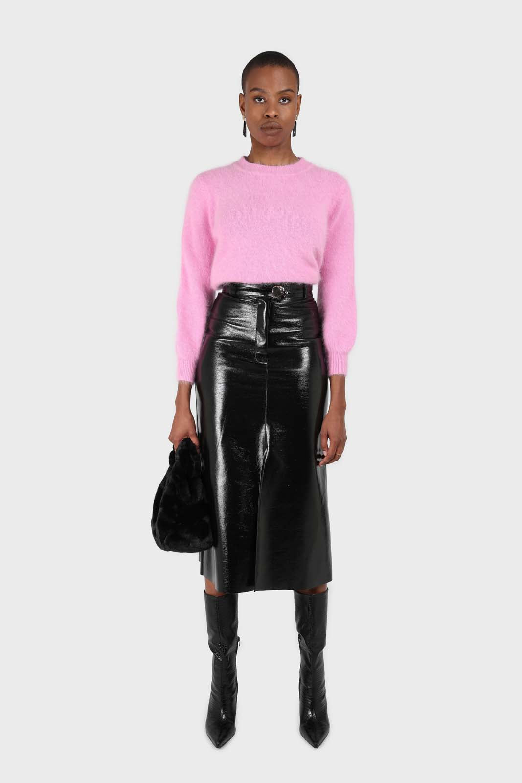 Black PVC front slit gold button maxi skirt
