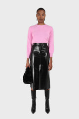 Black PVC front slit gold button maxi skirt