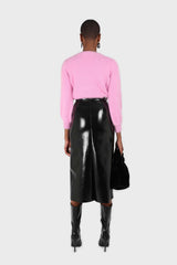Black PVC front slit gold button maxi skirt